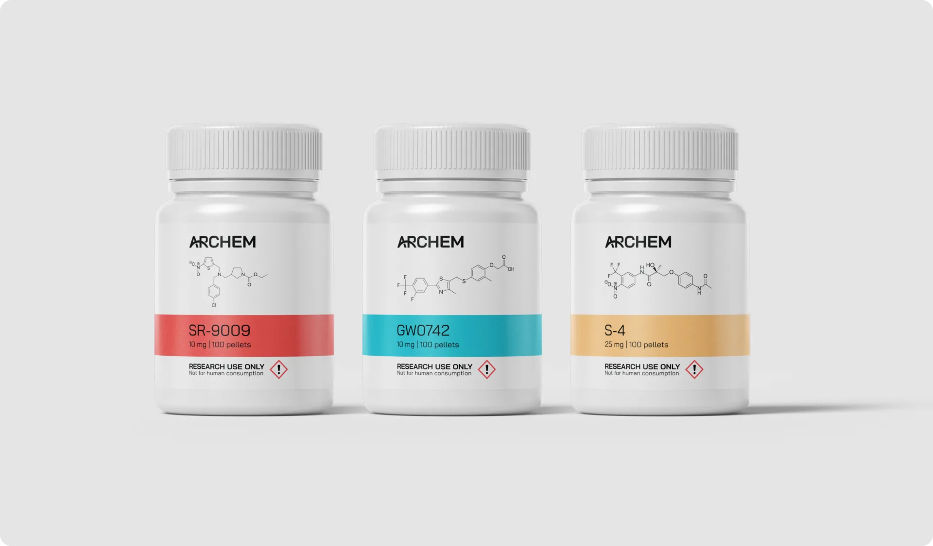 Assorted chemical compounds SR-9009, GW0742, S-4 in labeled bottles for research use.