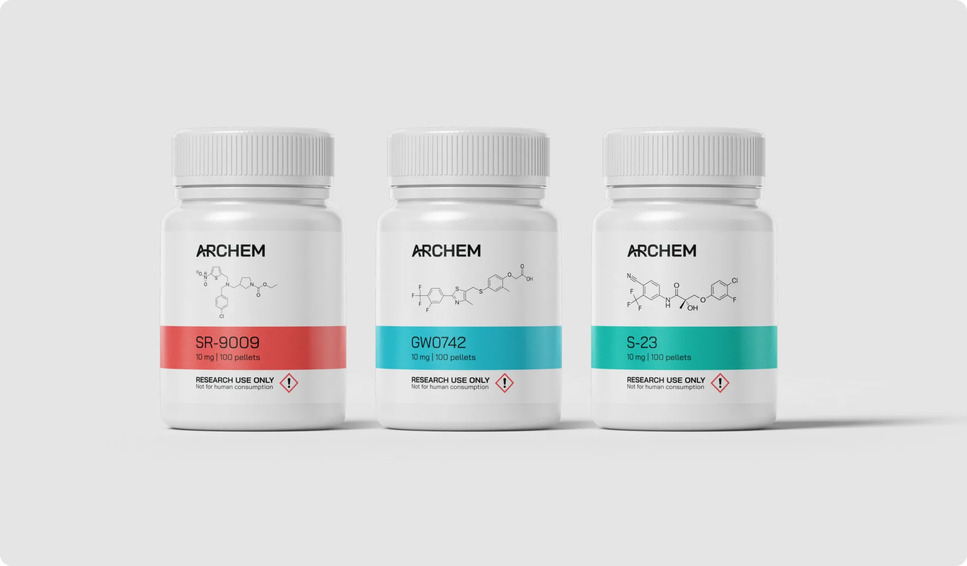 Three labeled research material containers: SR-9009, GW0742, S-23, research use only.