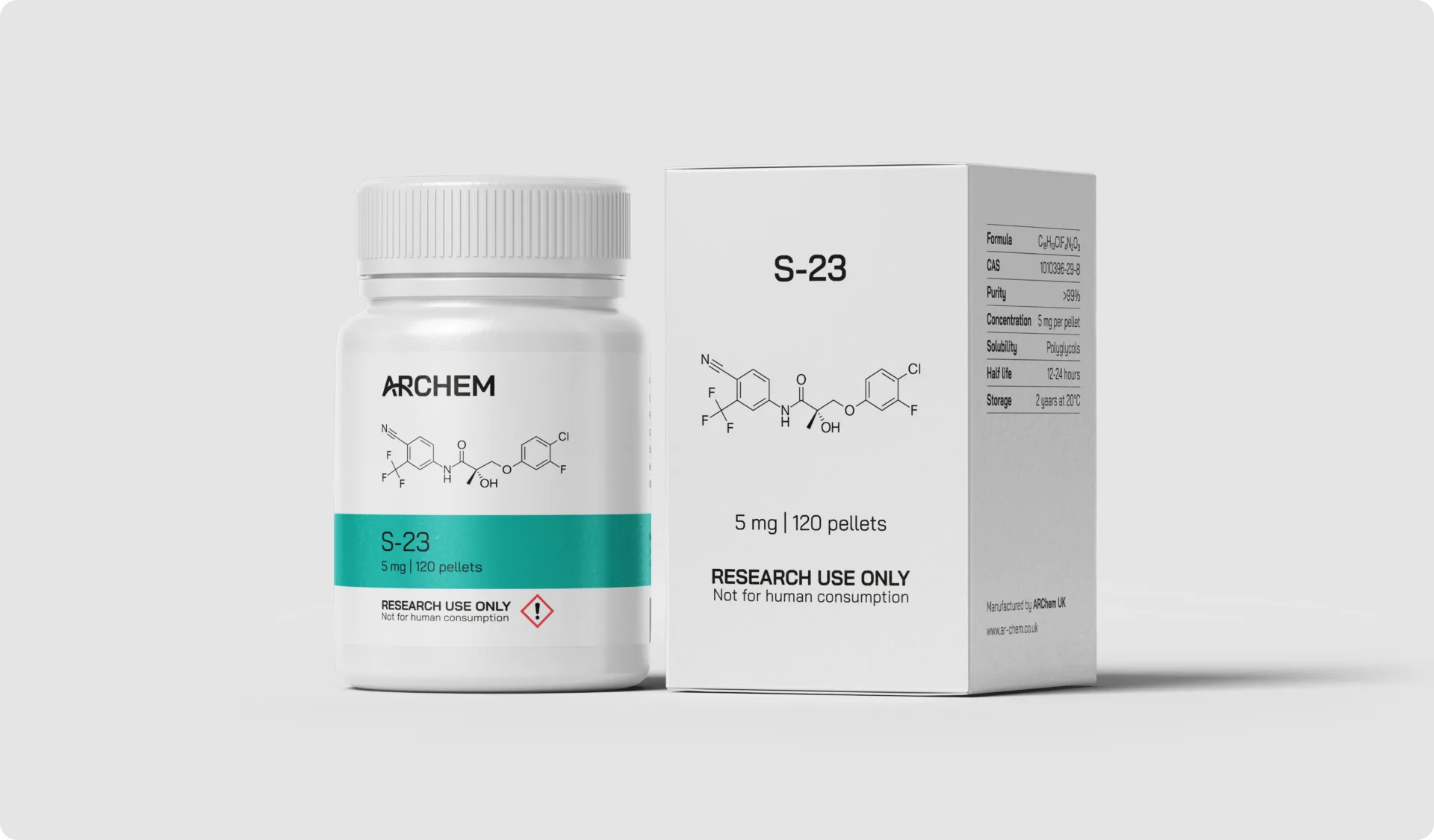 S-23 chemical packaging, research use only, structural formula displayed.